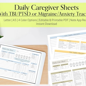 Detailed TBI Care Sheets, PTSD Printable Daily Care Sheet,  Anxiety Tracker, Veteran Care, Elderly Care, Respite Log, Caregiver Planner