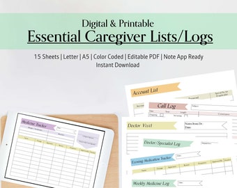 Caregiver Essential Lists and Logs, Medical Tracking (Printable PDF)