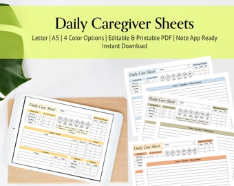 Detailed Daily Printable Care Sheet, Caregiver Sheets, Caregiver Binder, Caregiver Notes, Organize, Veteran Care, Respite Log, Elderly Care