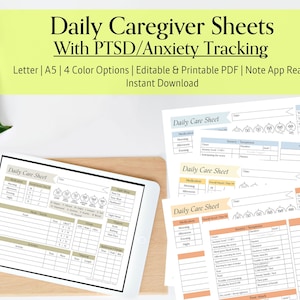 PTSD Printable Daily Care Sheet, Anxiety Tracker, Veteran Care, Elderly Care, Respite Log, Caregiver Planner