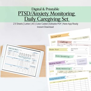 May include: Digital and printable PTSD/Anxiety Monitoring Daily Caregiving Set. The set includes 23 sheets, is color-coded, and available in Letter and A5 sizes. The set includes a daily care sheet, account list, call log, doctor visit log, and medicine tracker.