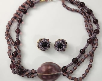 Unique Alice Caviness Vintage Purple Beaded Shell Necklace and Earrings Set