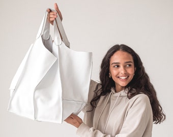 White Leather Slouchy Bag ~ Leather Shoulder Bag ~ Oversized Leather Hobo Bag ~ Slouchy Hobo Purse ~ Large Leather Handbag ~ Everyday Bag