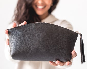 Handmade Pebbled Leather Cosmetic Bag: Half-Moon Toiletry Pouch