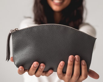Handmade Pebbled Leather Cosmetic Bag: Half-Moon Toiletry Pouch