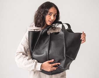 Zwarte kiezelleren schoudertas | Shopper van echt leer met optioneel buitenvak met ritssluiting | Handgemaakte lederen slouchy hobo tas