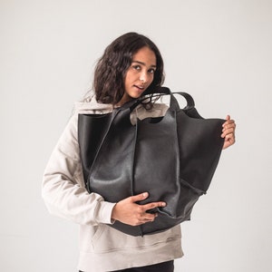 Black Pebbled Leather Shoulder Bag | Genuine Leather Shopper Bag with Optional Zipper Outside Pocket | Handmade Leather Slouchy Hobo Bag
