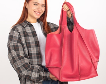 Coral Pink Leather Tote Bag, Large Italian Leather Shopper with Inside Pocket
