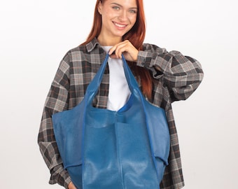 Bright Blue Pebbled Leather Hobo Bag | Personalization Leather Handbag for Women | Leather Oversized Leather Hobo Purse | Shoulder Bags
