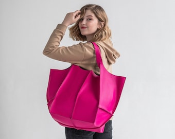 Leather Large Hobo Bag - Slouchy Leather Bag - Double Face Pink Leather Bag - Stay Organized in Style with Our Double Face Leather Hobo Bag