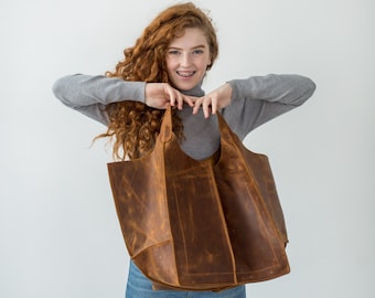 Extra Large Leather Tote Bag: Handmade Oversized Hobo Bag