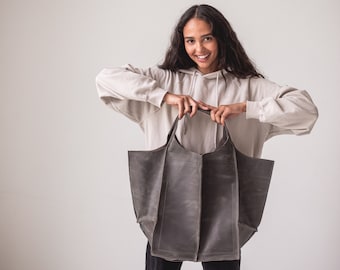 Handmade Gray Leather Hobo Bag: Oversized Slouchy Shoulder Bag