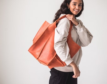 Orange Leather Bag For Women ~ Leather Oversized Bag ~ Leather Shoulder Women Bag ~ Handmade Leather Slouchy Hobo Bag ~ Leather Handbag