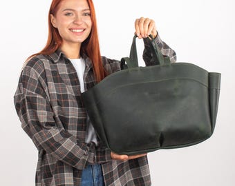 Handmade Large Green Leather Tote Bag | Everyday Shoulder Bag
