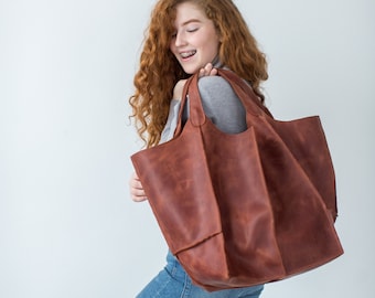 Extra Large Leather Tote Bag: Handmade Oversized Hobo Bag
