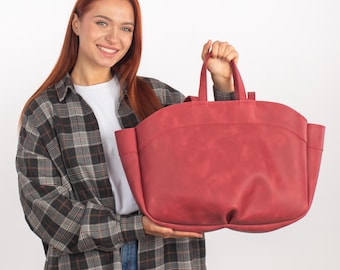 Large Red Leather Tote Bag for Women Men | Handcrafted Genuine Leather Handbag