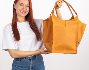 Handmade Camel Leather Hobo Bag, Slouchy Tote with Zipper and Pocket
