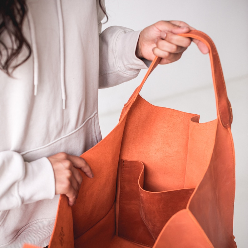 Orange Leather Bag For Women Leather Oversized Bag Leather Shoulder Women Bag Handmade Leather Slouchy Hobo Bag Leather Handbag image 6