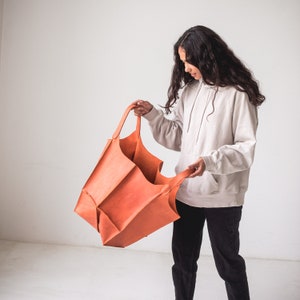 Orange Leather Bag For Women Leather Oversized Bag Leather Shoulder Women Bag Handmade Leather Slouchy Hobo Bag Leather Handbag image 5