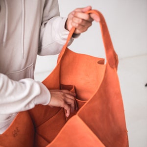 Orange Leather Bag For Women Leather Oversized Bag Leather Shoulder Women Bag Handmade Leather Slouchy Hobo Bag Leather Handbag image 4