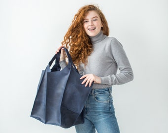 Oversized Crazy Horse Leather Tote Bag: Handmade Hobo Bag