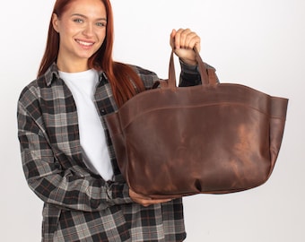 Cognac Leather Oversized Bag for Work Travel or Everyday Use