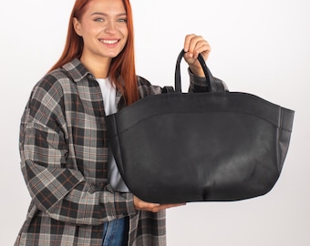 Bolso de mano de cuero negro con dos asas / Bolso de hombro de cuero personalizable