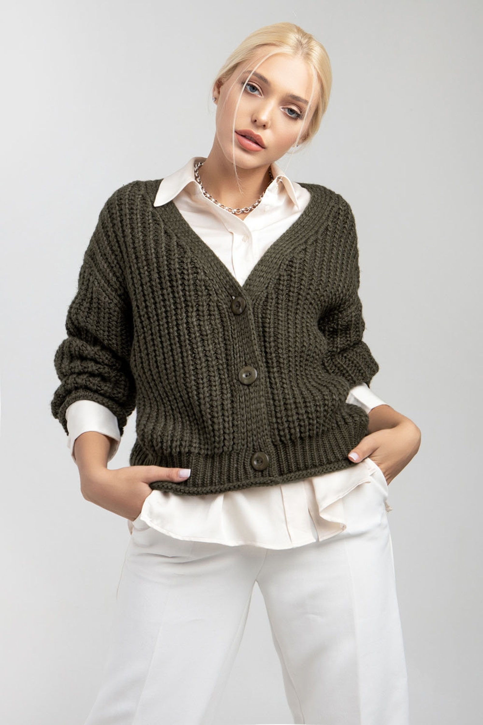 LOUNGE Thick Knit Khaki Cardigan Oversize Big Knit Cardigan Etsy