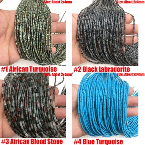 May include: Four strands of different colored gemstone beads, each strand is approximately 2x4mm in size. The strands are labeled #1 African Turquoise, #2 Black Labradorite, #3 African Blood Stone, and #4 Blue Turquoise.