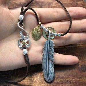 Japan Takahashi Goros Feather Bird Necklace Set Feathers 14x68mm Retro Sterling S925 Silver Leather Chain Hip Hop style Necklace