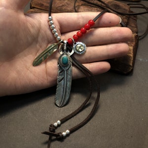 Japan Takahashi Goros Feather Bird Necklace Set Feathers 13.5mmx67mm Retro Sterling S925 Silver Leather Chain Hip Hop style Necklace