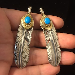 1 Pair Japan Takahashi Goro Feathers  66x14mm Turquoises Retro Silver 925 Sterling Feather DIY Jewelry Marking Design for Necklace Earrings