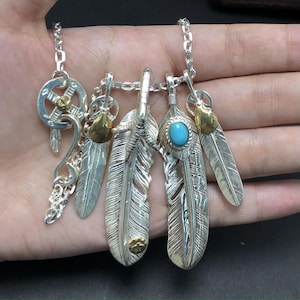 Japan Takahashi Goros Feather Bird Necklace Set Big Feathers 66x14mm Blue Turquoise 5*7mm Sterling 925 Silver Hip Hop style Necklace