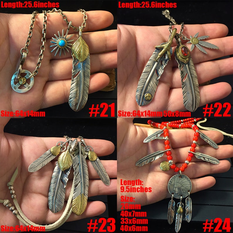 May include: Four silver and gold feather necklaces with different designs. The necklaces are 25.6 inches long and feature a variety of feather shapes and sizes. The necklaces are numbered 21, 22, 23, and 24.