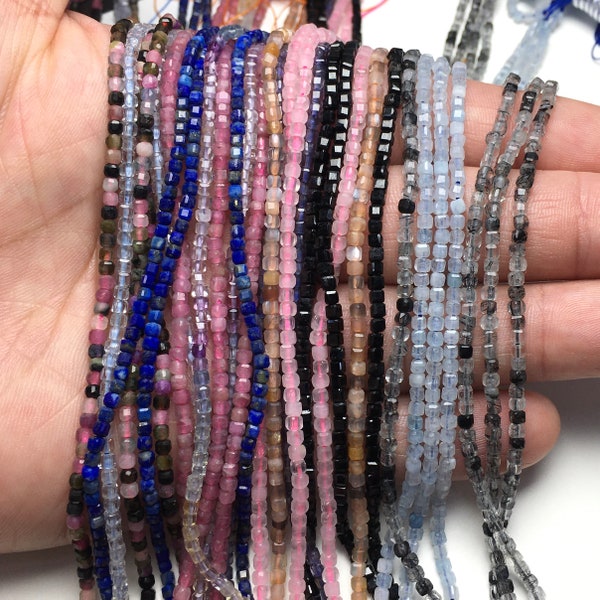 2.5MM Cube Faceted Square Shape Beads Healing Gemstone Loose Beads DIY Jewelry Tourmaline  Sunstone Moonstone Rose Quartz  Aquamarine Garnet