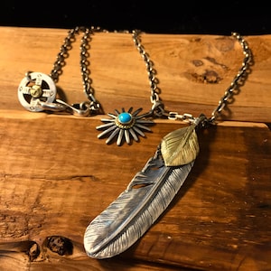 May include: A silver chain necklace with a silver feather pendant and a smaller silver starburst pendant with a turquoise stone in the center. The necklace is on a wooden surface.