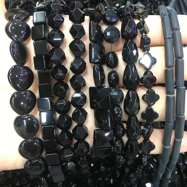 Natural Black Agate Onyx Assortment Shape Heart Coin Waterdrop Square Cube Star Stone Beads DIY Jewelry Making Beadwork Design AAA Quality