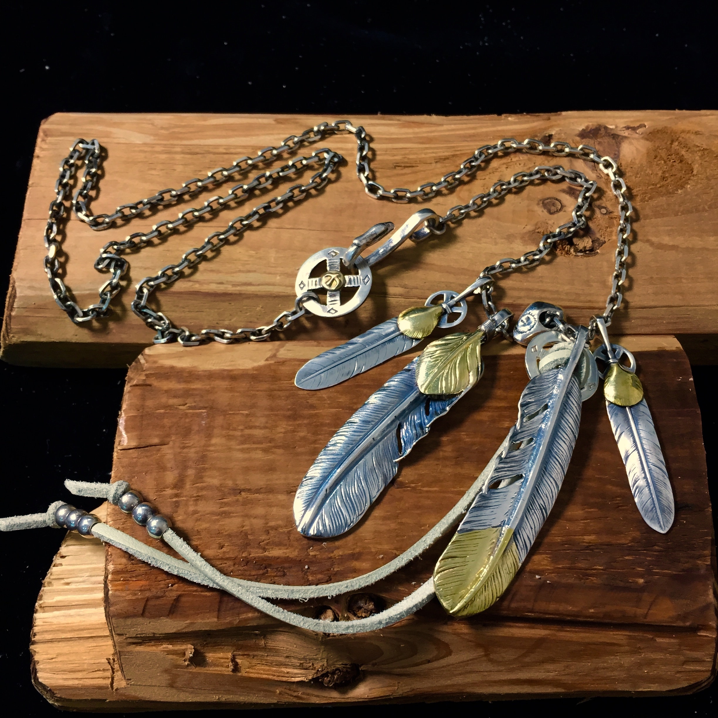 アクセサリー Japanese Leather Stone Feather Necklace Japan Takahashi Goro Silver Paw Feather Leather Necklace