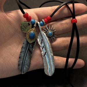Japan Takahashi Goro Feather Necklace Set Right Feather 66x14mm Leather Necklace 65cm Retro Sterling 925 Silver Hip Hop style