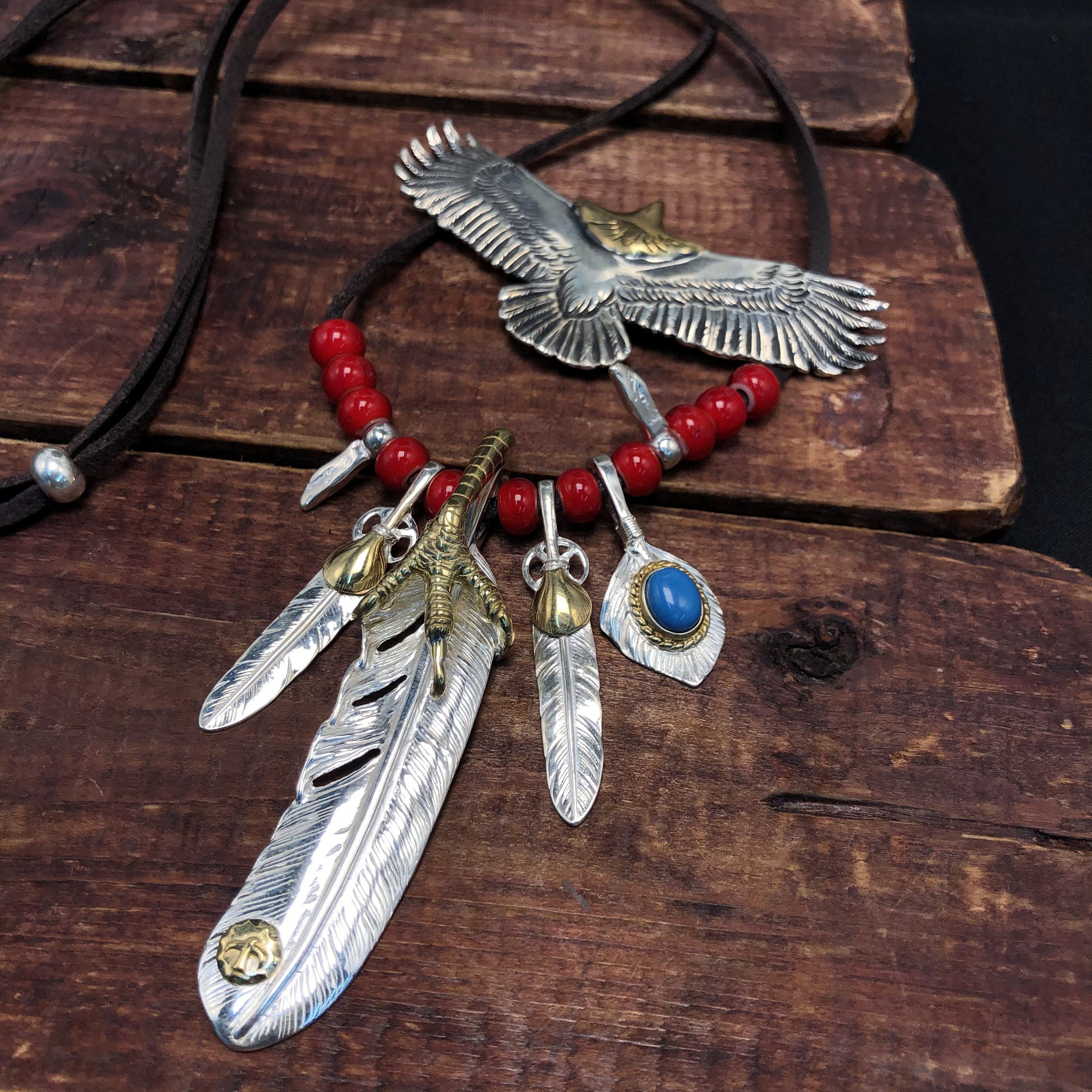 アクセサリー Japanese Leather Stone Feather Necklace Japan Takahashi Goro Silver Feather Leather Necklace Big