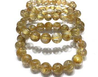 Natural Gold Rutilated Quartz Bracelet Round Bead Healing & Energy Gemstone for Jewelry Making Fashion Design AAAAA Best Quality 7.5inch