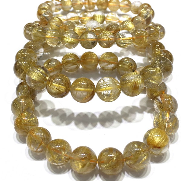 Bracelet en quartz rutilé en or naturel Perle ronde guérison et pierre précieuse énergétique pour la fabrication de bijoux Design de mode AAAAA Meilleure qualité 7.5inch