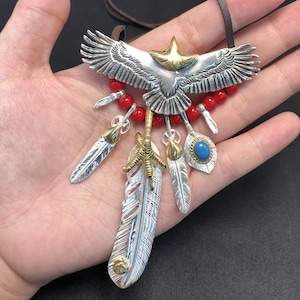 Japan Takahashi Goro Silver Paw Feather Leather Necklace Feather 66x14mm Eagle 30x70mm Retro Sterling 925 Silver Hip Hop style Necklace