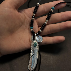 Japan Takahashi Goro Feather Necklace Set Right Feather 66x14mm Leather Necklace 65cm Retro Sterling 925 Silver Hip Hop style