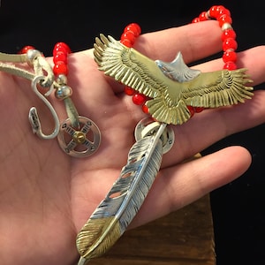 Japan Takahashi Goro Silver Feather Leather Necklace Right Feather 66x14mm Eagle 30x70mm Retro Sterling 925 Silver Hip Hop style Necklace