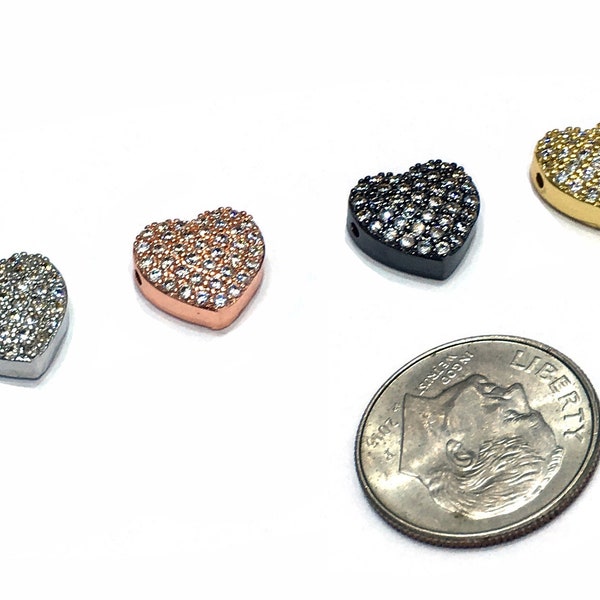 10x10mm CZ Micro Pave Heart Charm or Bracelet Spacer, Cubic Zirconia Pave Bead Rhodium Gunmetal Bead For Jewelry Design & Jewelry making