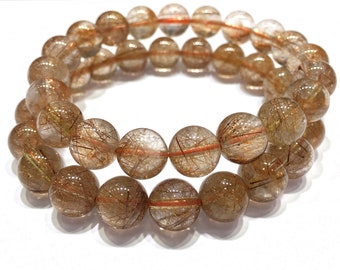 Natural Brown Rutilated Quartz Bracelet Round Bead Energy Gemstone Loose Bead Bracelet for Jewelry Making Fashion Design AAA Quality 7.5inch