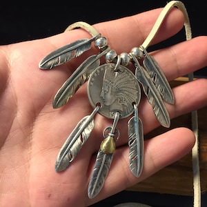 Japan Takahashi Goro Silver Indian Head 26mm Big Feather 7x40mm Small Feather 6x33mm Retro Sterling 925 Silver Hip Hop style Necklace 44cm