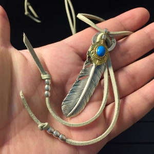 Japan Takahashi Goro Silver Feather Leather Necklace Right Feather 66x14mm Turquoise Beads 5x7mm Retro Sterling 925 Silver Hip Hop style