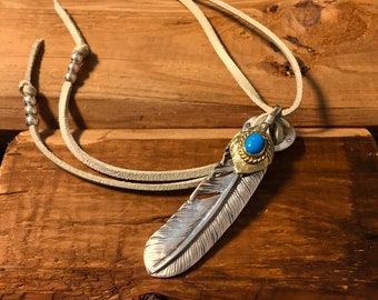 Japan Takahashi Goro Silver Feather Leather Necklace Right Feather